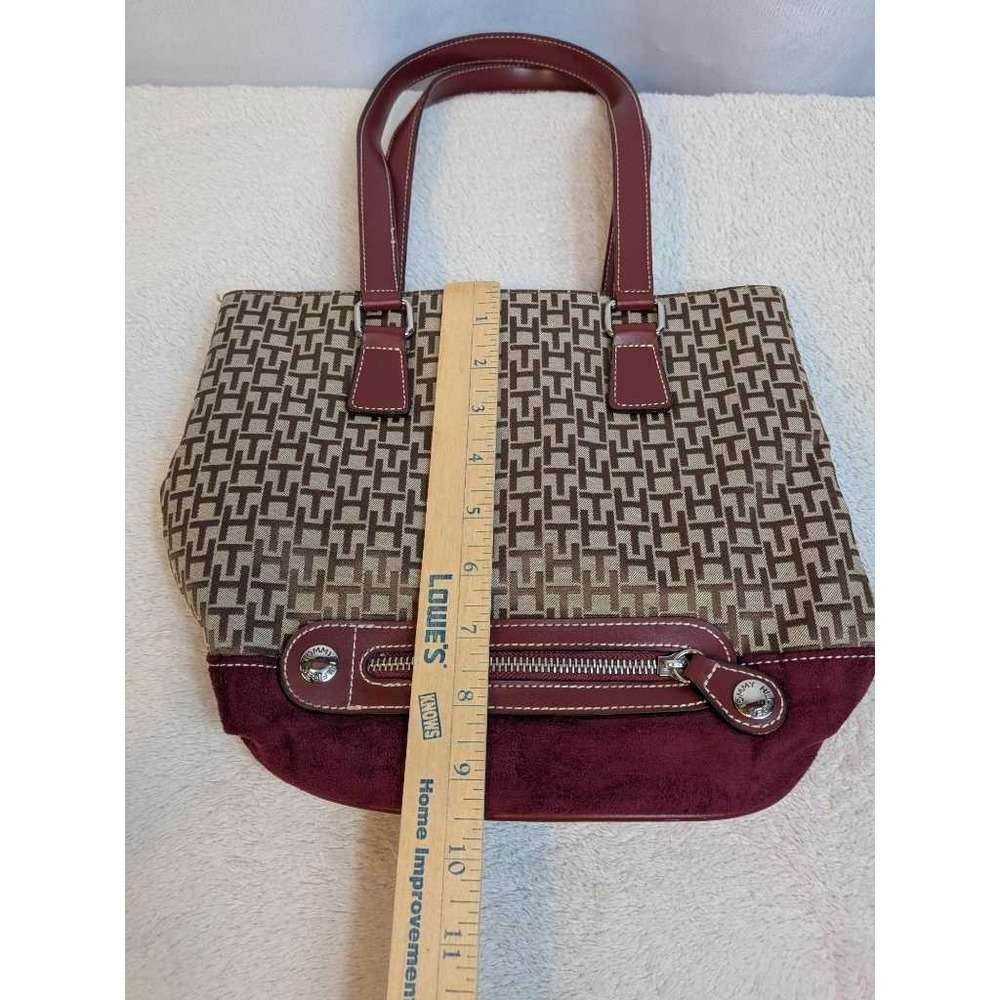 Tommy Hilfiger Monogram Tote Bag Burgundy Leather Trim Shoulder‎ Bag - Picture 8 of 11